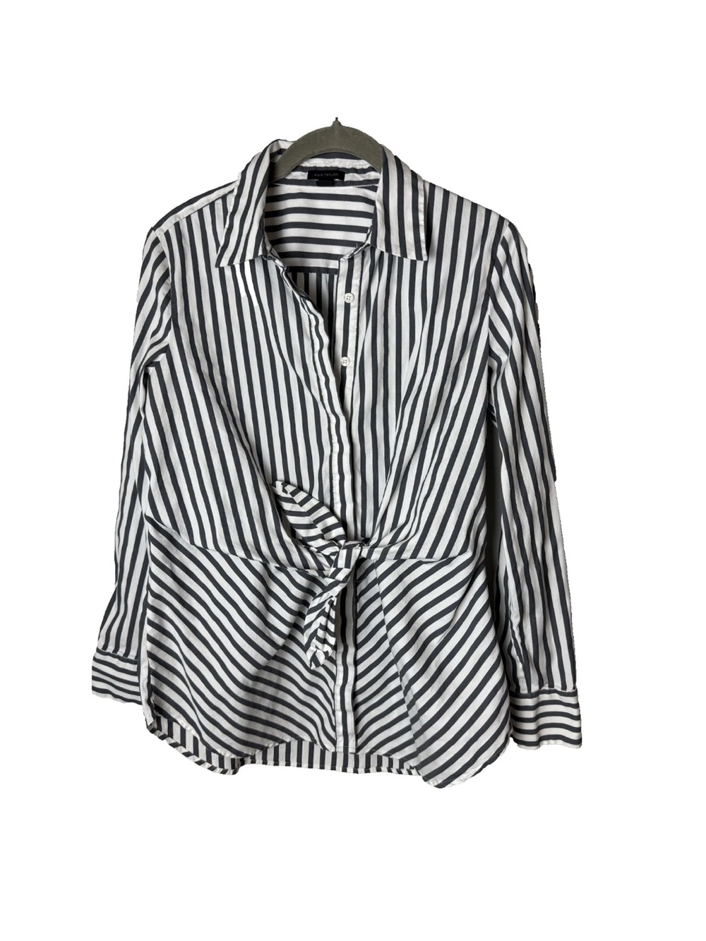 Ann Taylor Tunic Top Size 6 Shirt Blouse Tie Waist Long Sleeves Gray White